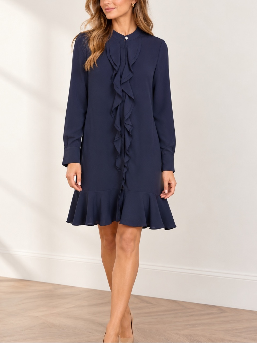 Tory Burch Jane Dress Size 4 Navy Ruffle Front Long Sleeve Shift Dress